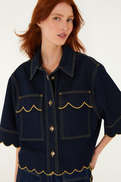 Dark Denim Wavy Hem Short Sleeve Shirt