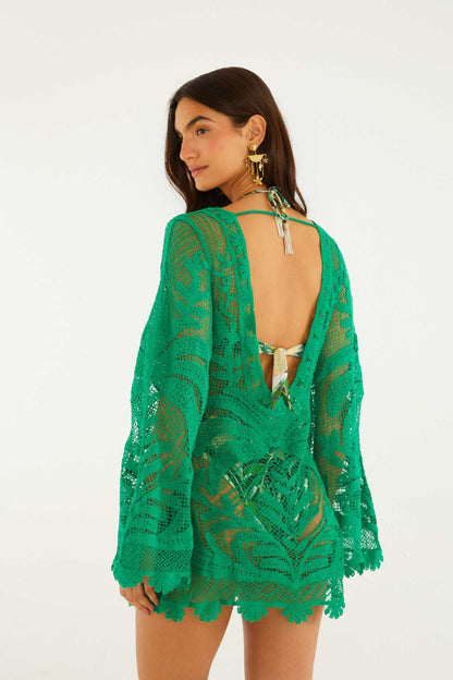 Green Richelieu Open Sheer Back Mini Dress