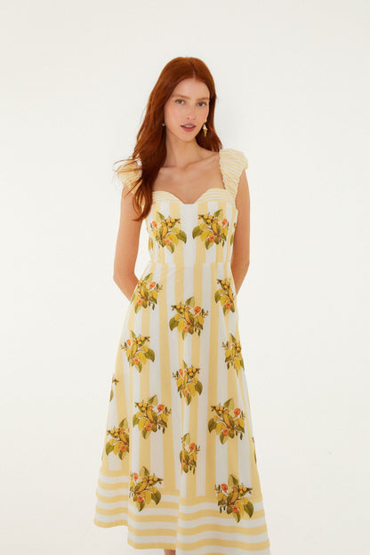 Yellow Lemon Birds Sweetheart Neck Midi Dress