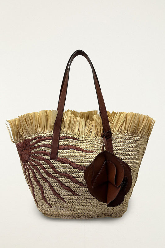 Printed Raffia Basket Bag